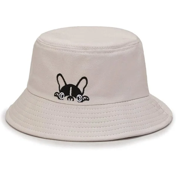 Unisex Sød Bulldog Print Broderede Spandhatte Sommer Strand Solhat Udendørs Kasket Fiskerhat til Mænd Kvinder Teenagere