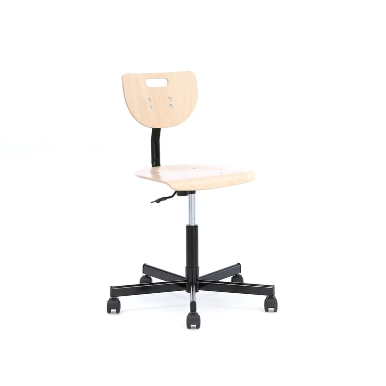 Arbetsstol, låg, med hjul, plywood, bok