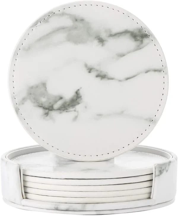 Coasters 6-pack PU Leather Marble White