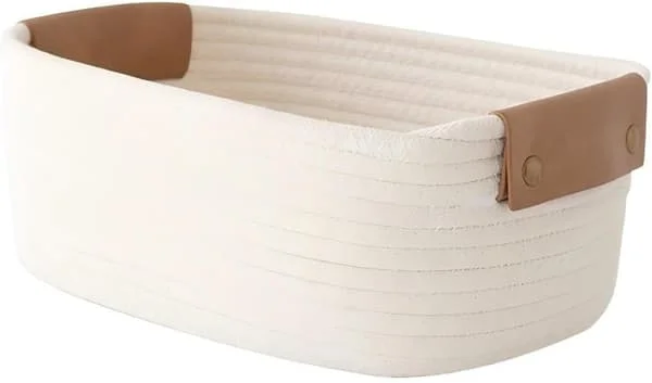 Miljövänliga Små Vävda Förvaringskorgar av Bomullsrep för Kök Sovrum Omklädningsrum (Beige, 32*24*13cm)