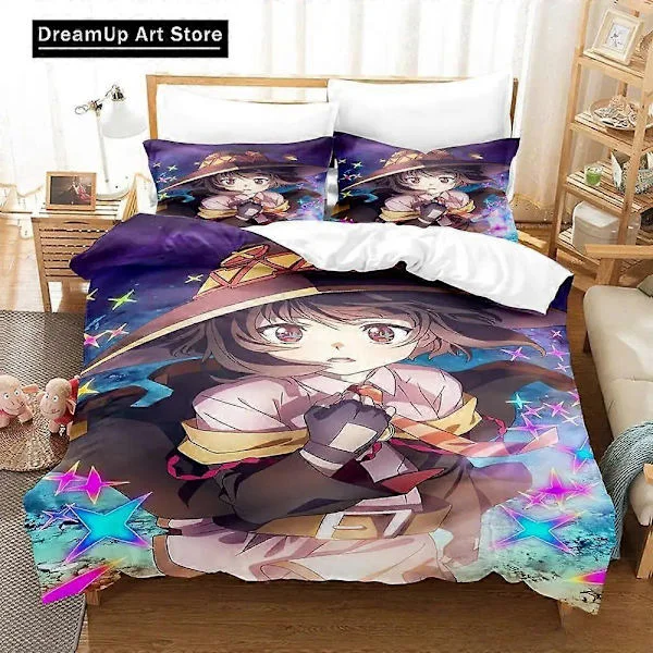 a3602 Lakan FashionKonoSuba Sängkläder Set Pojkar Flickor Påslakan Örngott Säng Vuxen Sovrum 3-delat Sängkläder Set (1 Påslakan + 2 Örngott)
