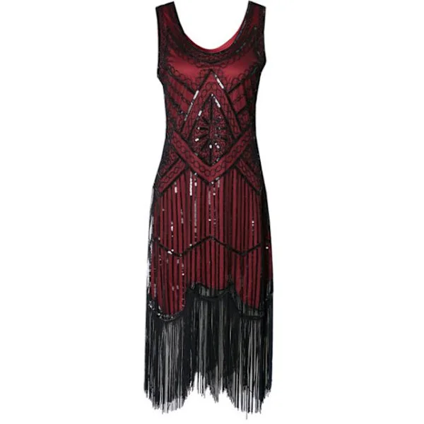 Kjole Great Gatsby Kostumefest Pailletter Frynser Vintage Kjole Sort rød Sort rød M