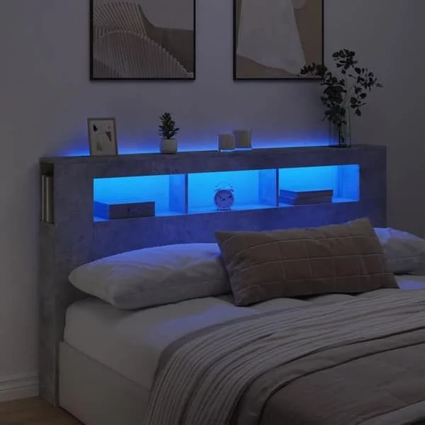 vidaXL LED-sänggavel, panel med förvaring, sängtillbehör, sänggavel för sängram i sovrummet, betonggrå 837361