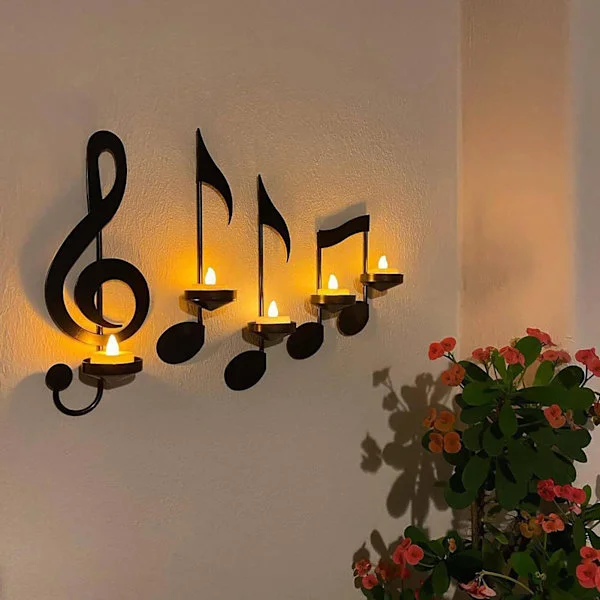 4 stk. Notelysestake, Svart Notelampe Vegglampe Jern Lysestake Dekorasjoner, Telysholder, Hengende Veggskilt Musikkdekor