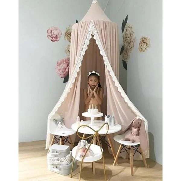 Princess Bed Canopy Mosquito Net for Kids Crib, Round Dome Children Indoor Outdoor Castle Play Tent Light Pink