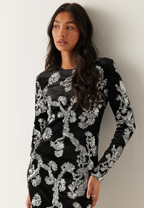 YAS-Yasflorana Ls Long Dress-Black Detail:SEQUINS-XS