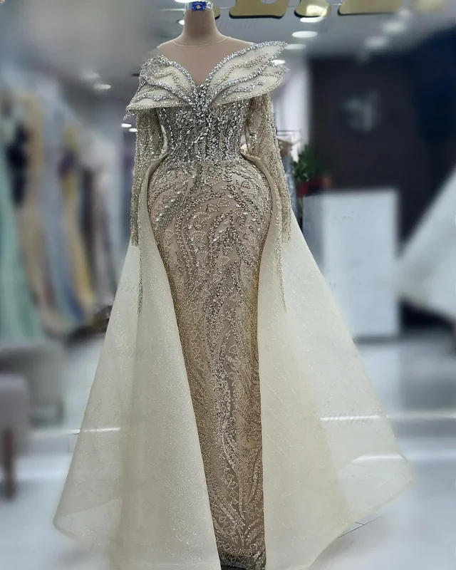 AliExpress - 2024 Lange Ärmel Luxus Stein Perlen Frauen Kleider Abendkleider Nach Maß Kristalle Meerjungfrau Prom Kleider Arabisch Party Kleider