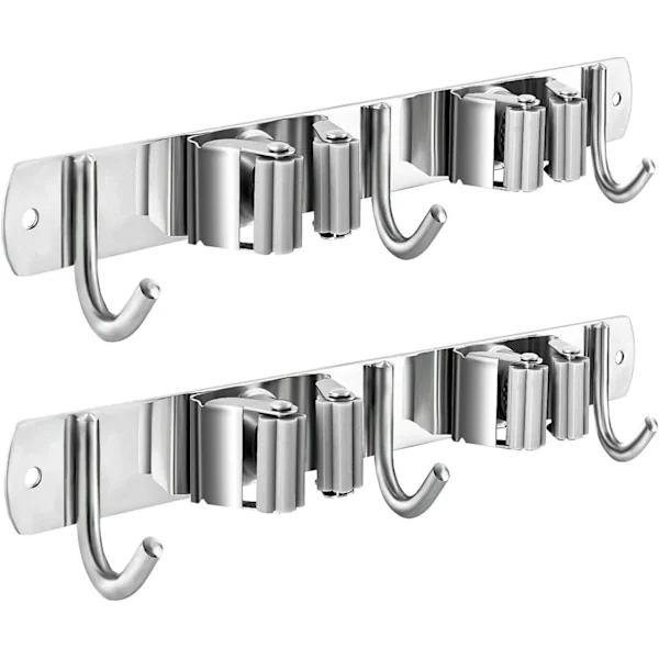 2 stk. Kost- og moppeholder, vægmonteret, rustfrit stål, kost- og moppeholder, vægmonteret, kostkrog, kraftig kost- og moppeholder
