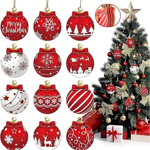 24 Wooden Christmas Ornaments with Red and White Design - Festive {DB}