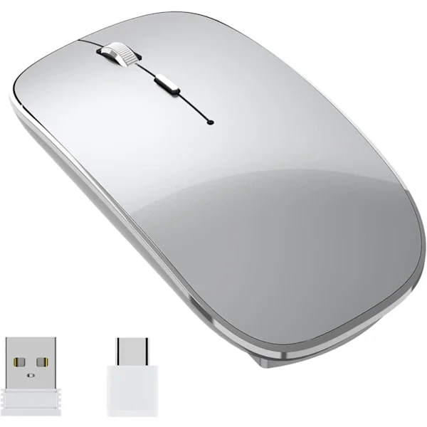 Trådlös mus, uppladdningsbar, tyst, USB och typ-C, dubbellägesanslutning, 3 justerbara DPI-nivåer, för bärbar dator, Mac, PC, silver