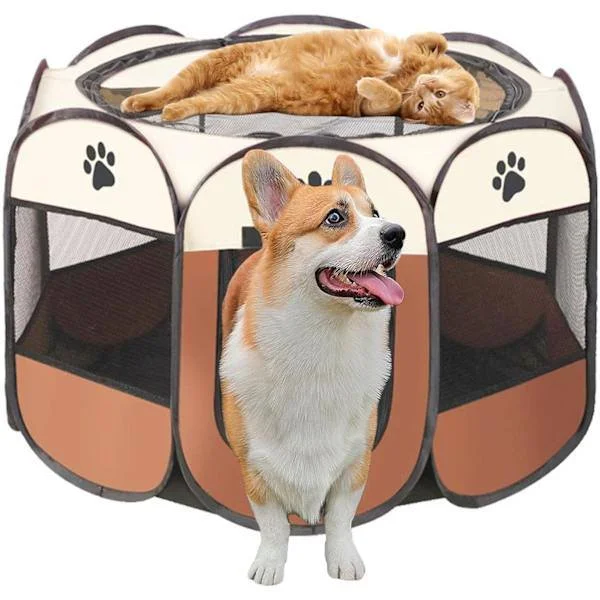 Bärbar hund- och kattbur – hopfällbar inomhuslekpark, lekpark för valpar och smådjur brun S-74x74x43cm