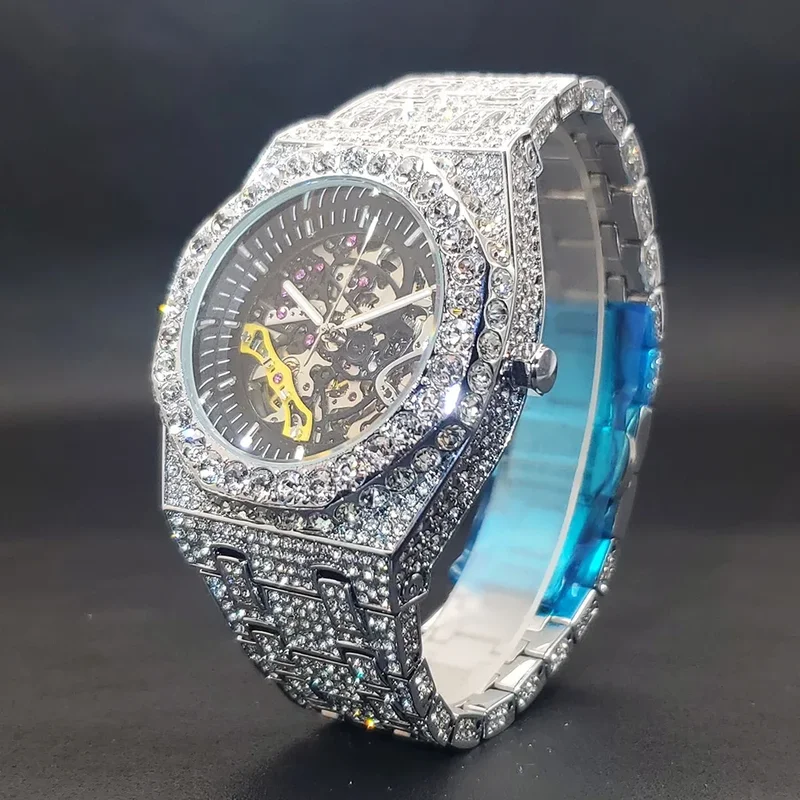 AliExpress - Luxus Mechaincal Herren uhr Eis Diamant Hip Hop Automatik uhren mit hohlem Zifferblatt leuchtende Handuhr für männliche Drops hipping