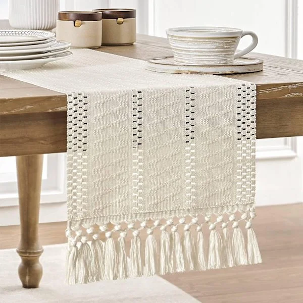 Macrame Style Boho Table Runner, Ivory Table Runners 180 cm Long, Woven Home Decor