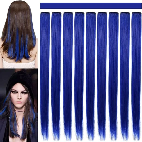 9 stk. 53 cm Farvede Clip in Hair Extensions Blå Hair Extensions Clip in Piger Blå Hårklemmer Hair Extensions til Kvinde Fest Højtid (Blå)
