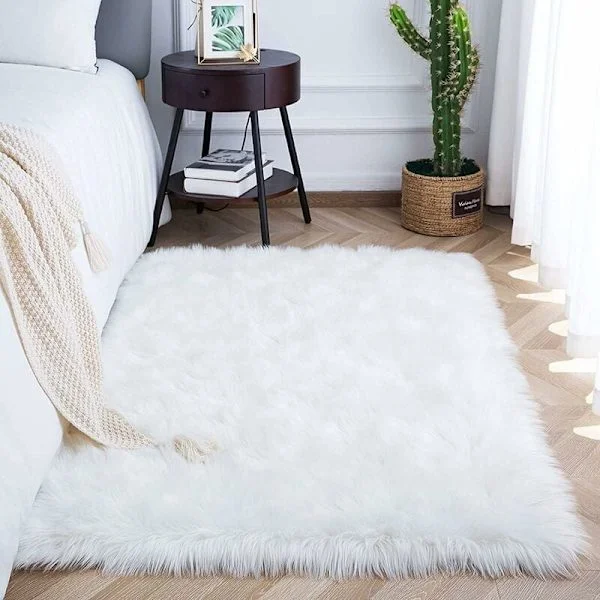 Fuskfårskinnsmatta 60x90cm Imitation Fleece Matta Fluffig Mjuk Långhårig Dekorativ Soffstol Kudde Matta (Vit, 60x90cm)