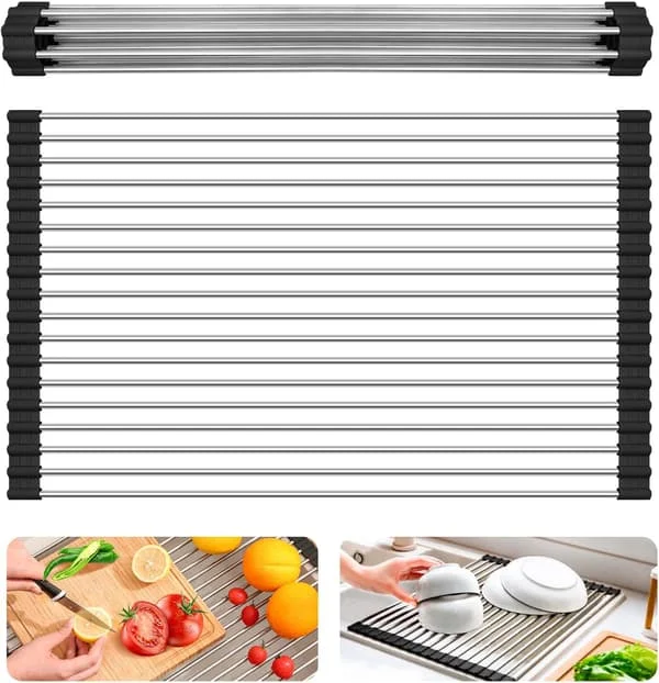 Foldable Dish Drying Rack, Over-the-Sink Kitchen Rack, Foldable Multifunctional Dish Rack, Non-Slip Silicone and 304 Stainless Steel Tube