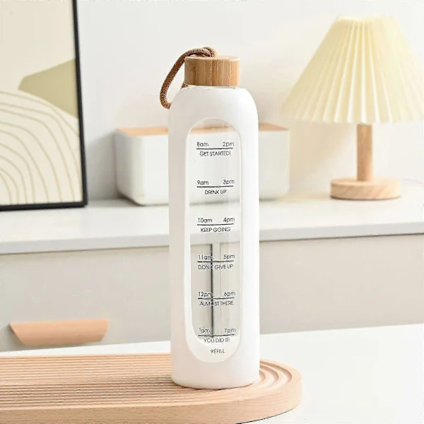 Glass Water Bottle with Silicone Sleeve Water Bottle with Time Markers Clear Borosilicate Glass Monitor Your Daily Water Intake 1 Liter - White