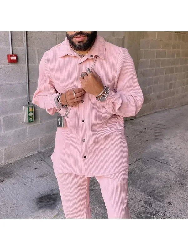 AliExpress - 2026 männer Casual Langarm Zwei Stück Sets Rosa Drehen-unten Kragen Rippen Cord Hemden Hosen Sets männer 2PCS Sets Trainingsanzüge