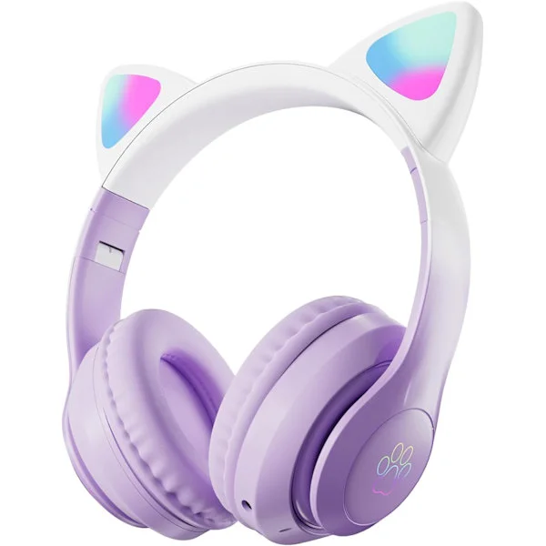 Purple-Kids Headphones, Bluetooth Wireless Headphones for Kids Teens Adults, Over-Ear Bluetooth Headphones with Microphone, Cat Ear Headphones for Gir