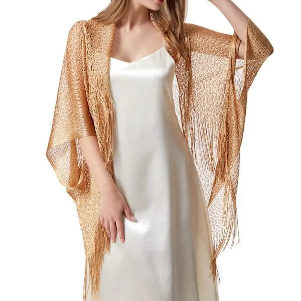 Sommer Gjennomsiktig Bolero Topp Åpen Front Cardigan Strand Tynn Myk Hull Dusk Sjal for Kvinner Jenter Gull