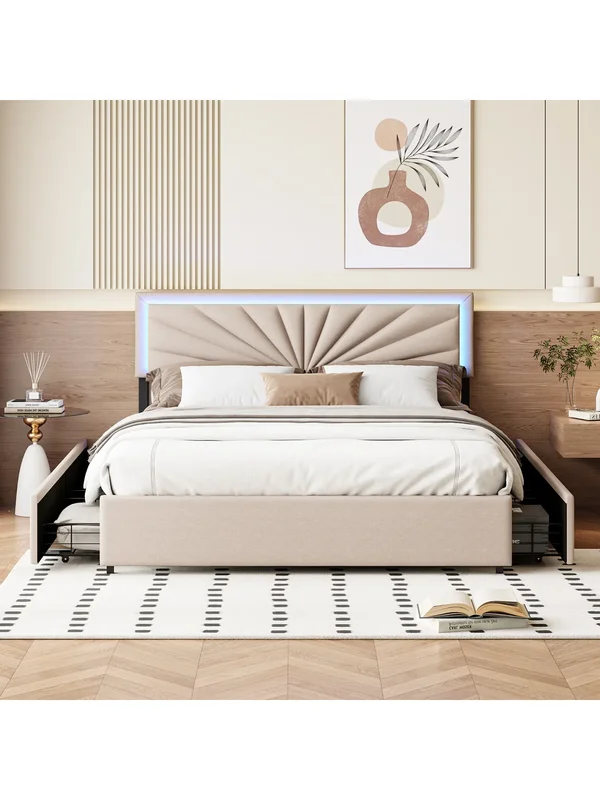 AliExpress - Modern bed met LED-verlichting, 4 lades, 140/160x200cm tweepersoonsbed met in hoogte verstelbaar hoofdeinde, stevig bedframe, geen matras