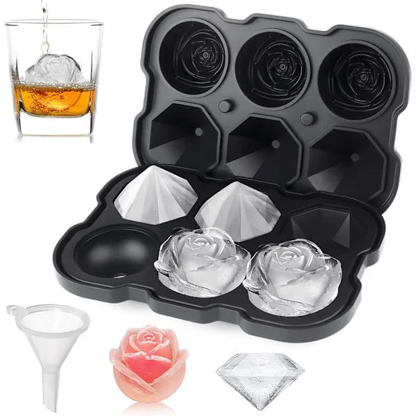Ice Balls and Ice Cubes Silicone Ice Mold with Lid, 6-piece Set with Rose and Diamond Shape, Perfect for Whiskey, Cocktail, Juice, and Soda