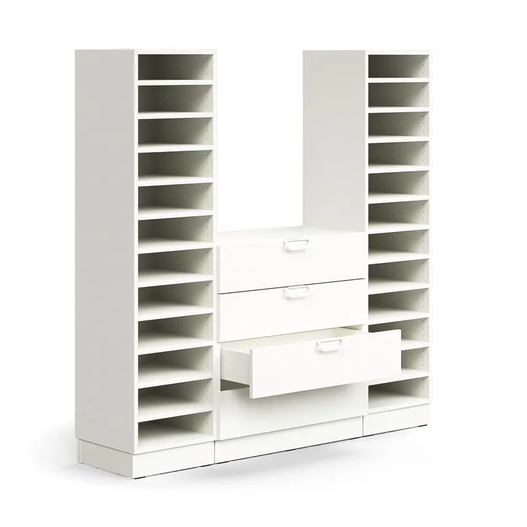 Pigeon hole unit QBUS, 22 shelves + 4 drawers, base frame, 1636x1600x420 mm, white