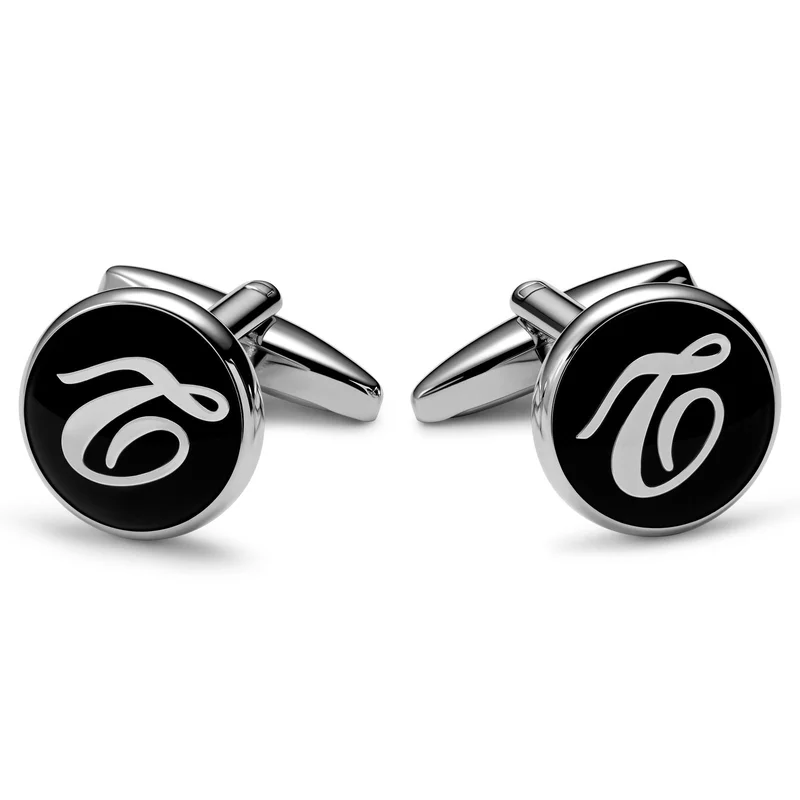 Round Silver-tone and Black Initial Q Cufflinks for Men
