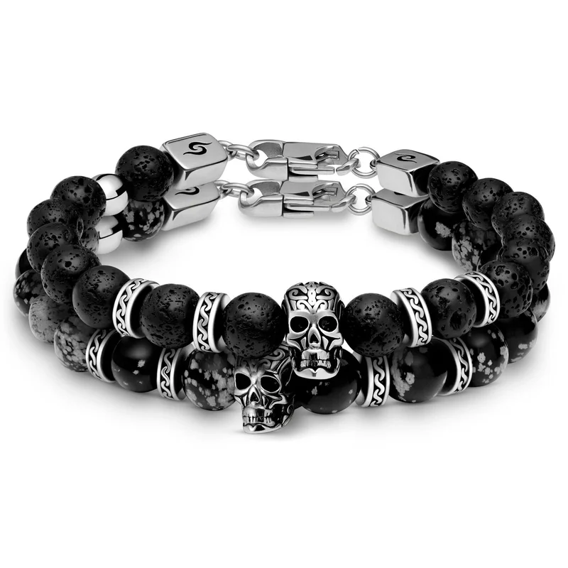 Rico Silver-tone Lava Rock and Snowflake Obsidian Skull Bracelets for Men - Beaded bracelets