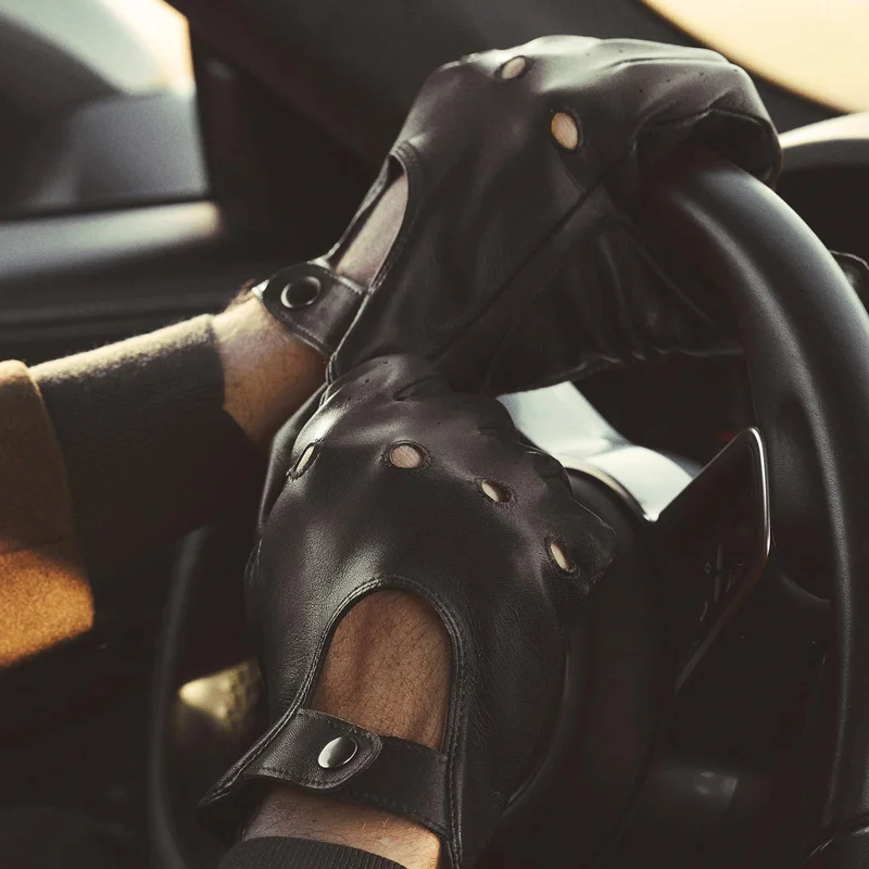 Black Touchscreen Compatible Sheep Leather Driving Gloves for Men - Driving Gloves