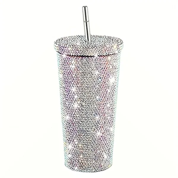 500ml Sugrörskopp med Lock Återanvändbar Strass Rostfritt Stål Dubbla Lager Termosmuggar Kvinnor Glitter Kopp Vattenflaska Gåva 2023(FMY)