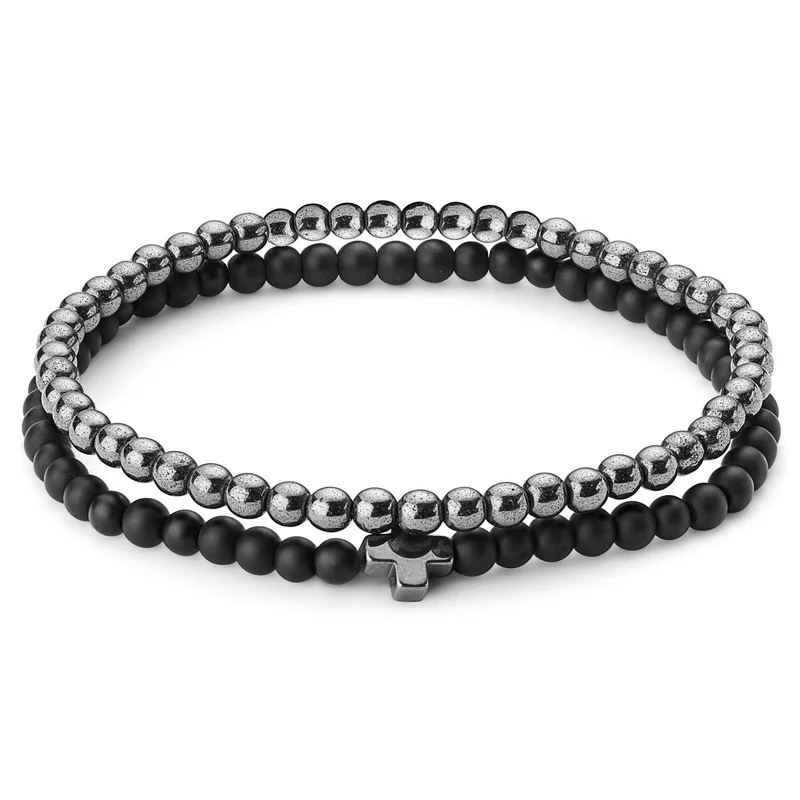 Armbandenset vam Zwarte Onyx en Hematiet met Kruis voor mannen - Kralenarmbanden