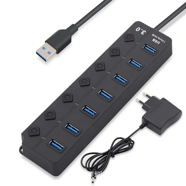 Strömdriven USB-hubb, aluminium USB-hubb 3.0 till 7 portars USB 3.0-strömsladd med 5V/2A extern strömförsörjning Multiport USB-hubb, 5 Gbps, 