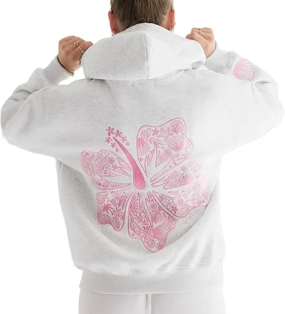 Hot 2025 Palm Puff Oversized Hettegensere for Kvinner, Tenåringsjenter Preppy Genser Langermet Y2K Grafisk T-skjorte med Lommer Lysegrå