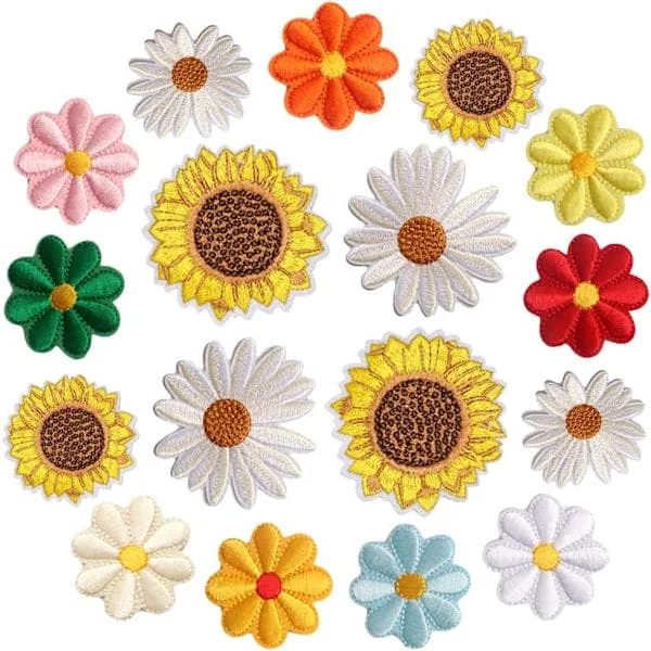 17 stk. tusindfryd blomster stryge-/sy-på-lap, solsikke broderede applikationer til DIY-tøj rygsække hatte jeansjakker