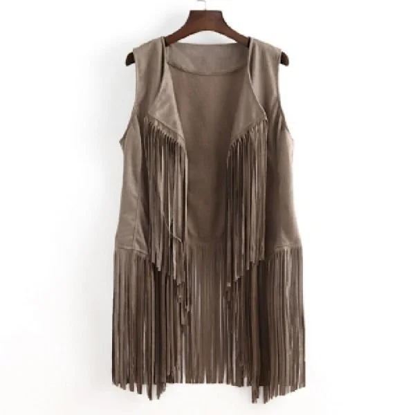 Women's Fringe Top, 70s Hippie Faux Suede Fringe Jacket Cardigan, Disco Striped Tank Top Beige 2XL Beige 2XL Beige 2XL