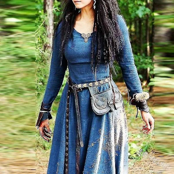 Blue Medieval Renaissance Maxi Dress for Women, Vintage Long Sleeve Fairy Gothic Viking Costume L