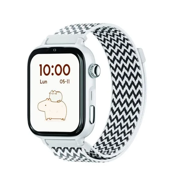 SaveFamily SaveWatch Plus 2 | Barnklocka med GPS, samtal, WhatsApp, App Store - Vit urtavla och sicksackmönster i tyg