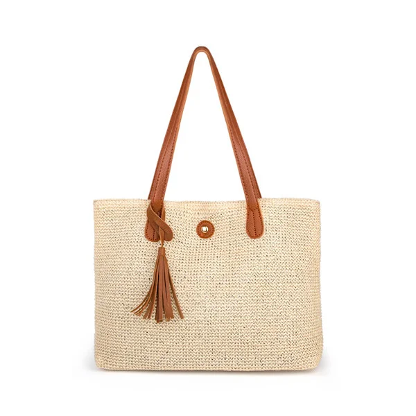 Halm Skulder Bag Dame Stor Strand Vevd Vesker Stor Kapasitet Beige Kurv Bag Håndlaget med Lær Skulderstropp Spenne