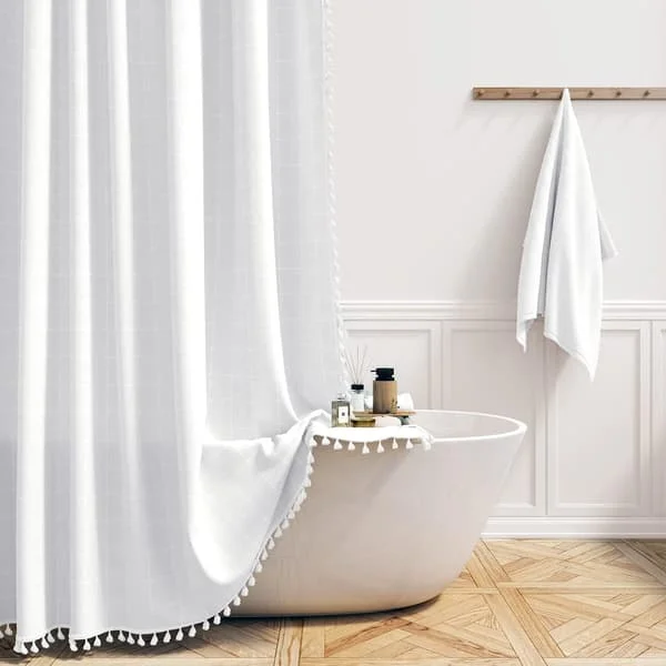 Boho Stall Duschdraperi - 36x72 Smalt Linne Ultratjockt Tofs Tyg Duschdraperi Set med 6 Plastkrokar, Halv Husbil Modern Bondgård