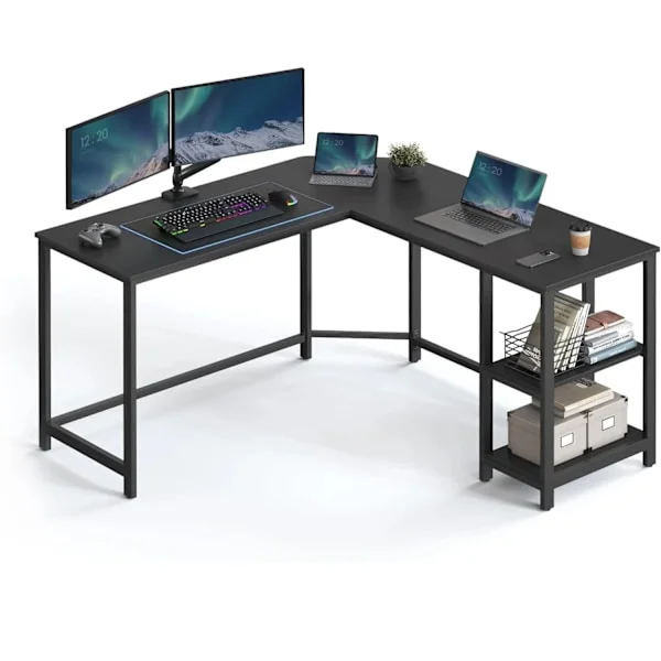 Datorbord, L-format hörnskrivbord, 138 x 138 x 76 cm, spelbord, svart med träfibrer