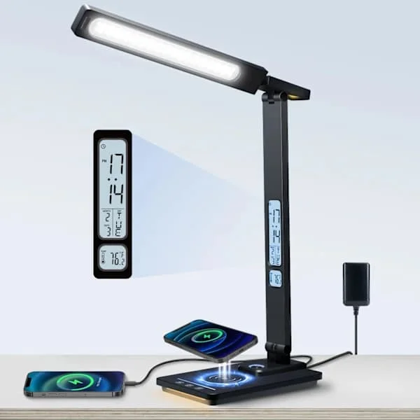 【xj】LED-lampe med trådløs lader og USB-ladeport, øyevennlig, dimbar, 5 farger