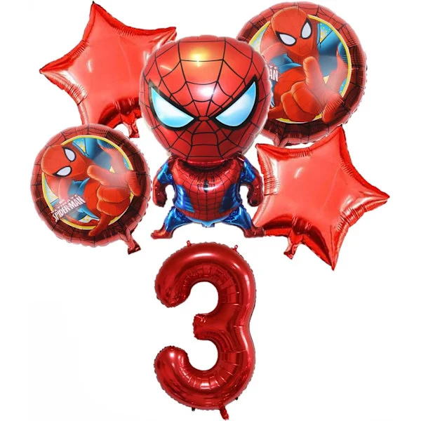 6 stk. Superhero Spiderman-tema 3. fødselsdagspynt Rød nummer 3 ballon 32 tommer | Spiderman fødselsdagspynt (Spiderman3. fødselsdag)