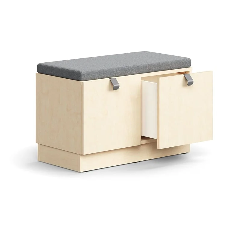 Drawer storage bench QBUS, base frame, handle, 534x800x420 mm, birch, grey cushion