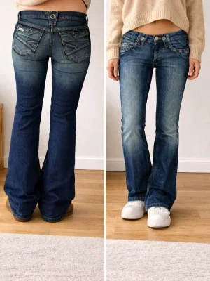Y2k Vintage Flared Jeans Low Rise Dark Blue Stonewash with Studs - Bell Bottoms jeans