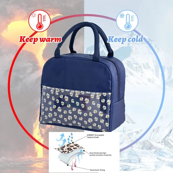 Insulated Lunch Bag for Women, Portable Waterproof Cooler Bag with Daisy Pattern Transparent Compartment, Lunch Bag