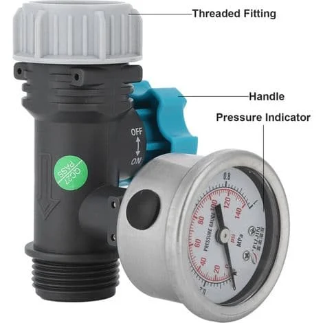 Vattentrycksventil. Manometer, tryckmätare, regulator, avskiljare, tillbehör för tryckluftsverktyg, styrning för bevattning, trädgård, växthus.