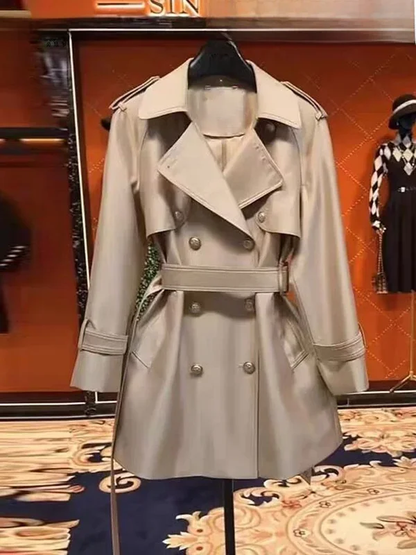 AliExpress - Lautaro-Manteau en satin pour femme, double boutonnage, ceinture, élégant, haute qualité, vêtements de créateur de luxe, printemps, 