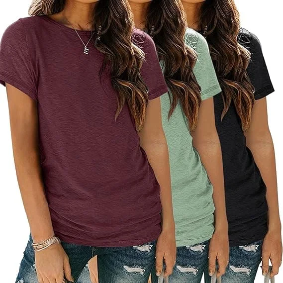 Dam 3-pack T-shirts Basic Kortärmade Tröjor Rundhalsade Mode Toppar Lös Passform Lättviktiga Casual Sommarkläder 2024