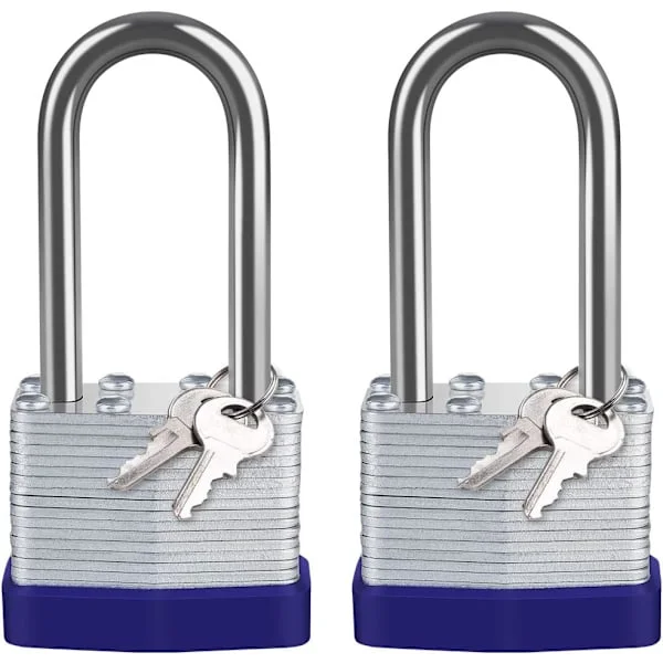 40 mm Laminated Steel Padlock for Outdoor Use, [2-Pack][4 Keys] High Security Waterproof Padlock, Long Steel Shackle, for Gym Lockers, Sheds, Ga